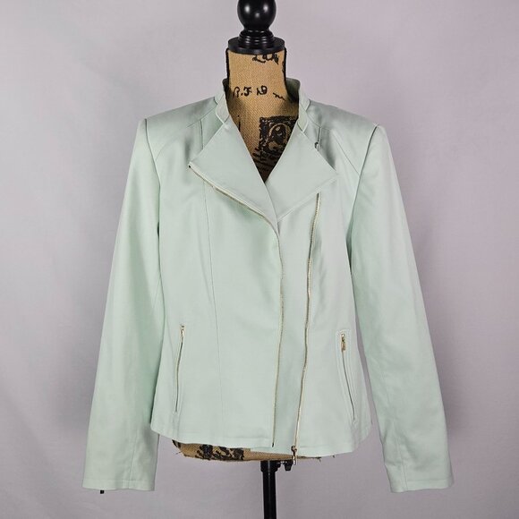 Calvin Klein Moto Jacket Mint Green Women's Pastel Minimalist Chic Style‎ - Picture 1 of 11